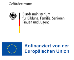 Zu sehen sind oben das Logo "Gef&ouml;rdert vom Bundesministerium f&uuml;r Bildung, Familien, Senioren, Frauen und Jugend. neben dem Bundesadler" und unten das Logo "Kofinanziert von der Europ&auml;ischen Union" neben der EU-Flagge.